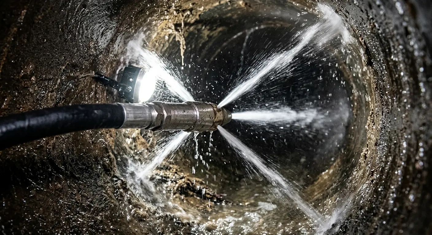 High-pressure hydro jetting nozzle cleaning sewer pipe for Trenchless Sewer Repair in Davenport