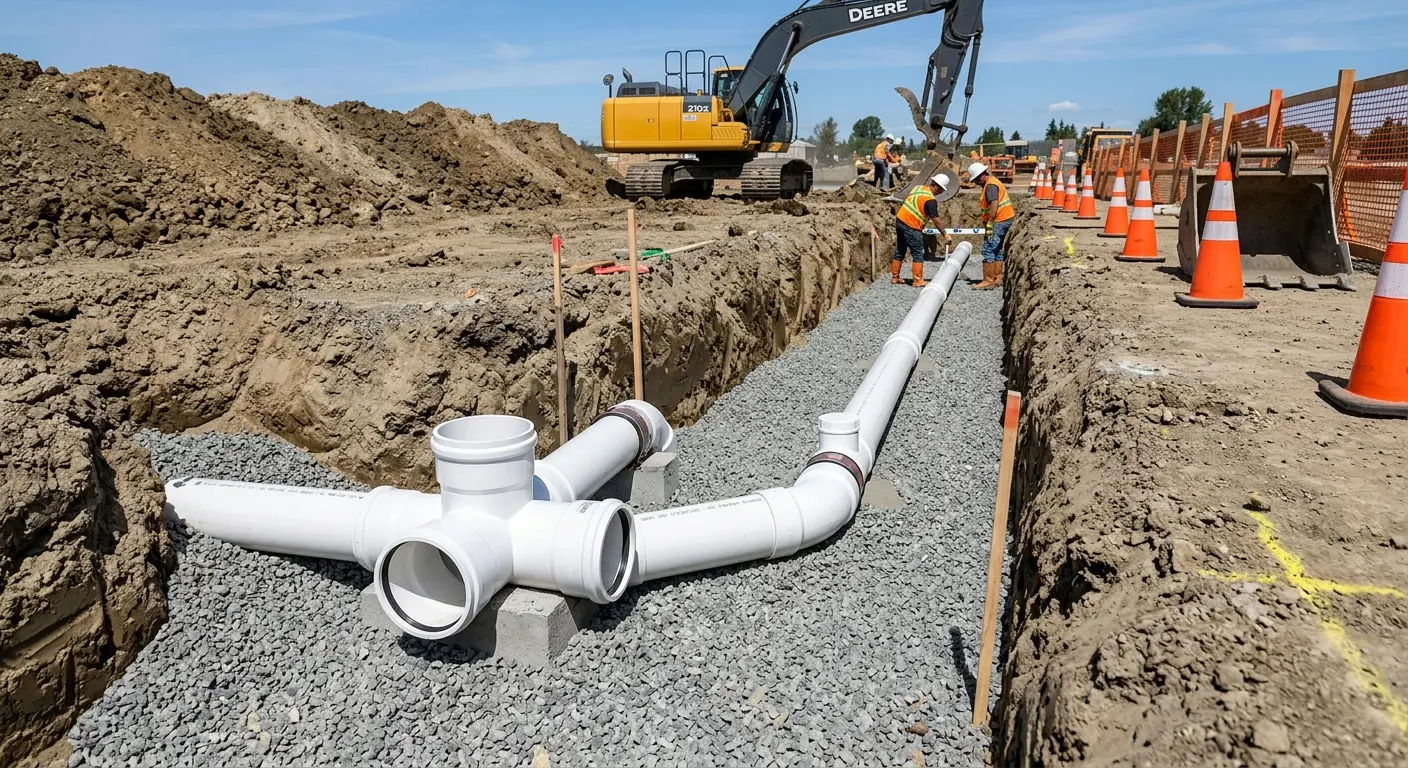 New PVC sewer pipe installation in open trench for Sewer Backup in Davenport