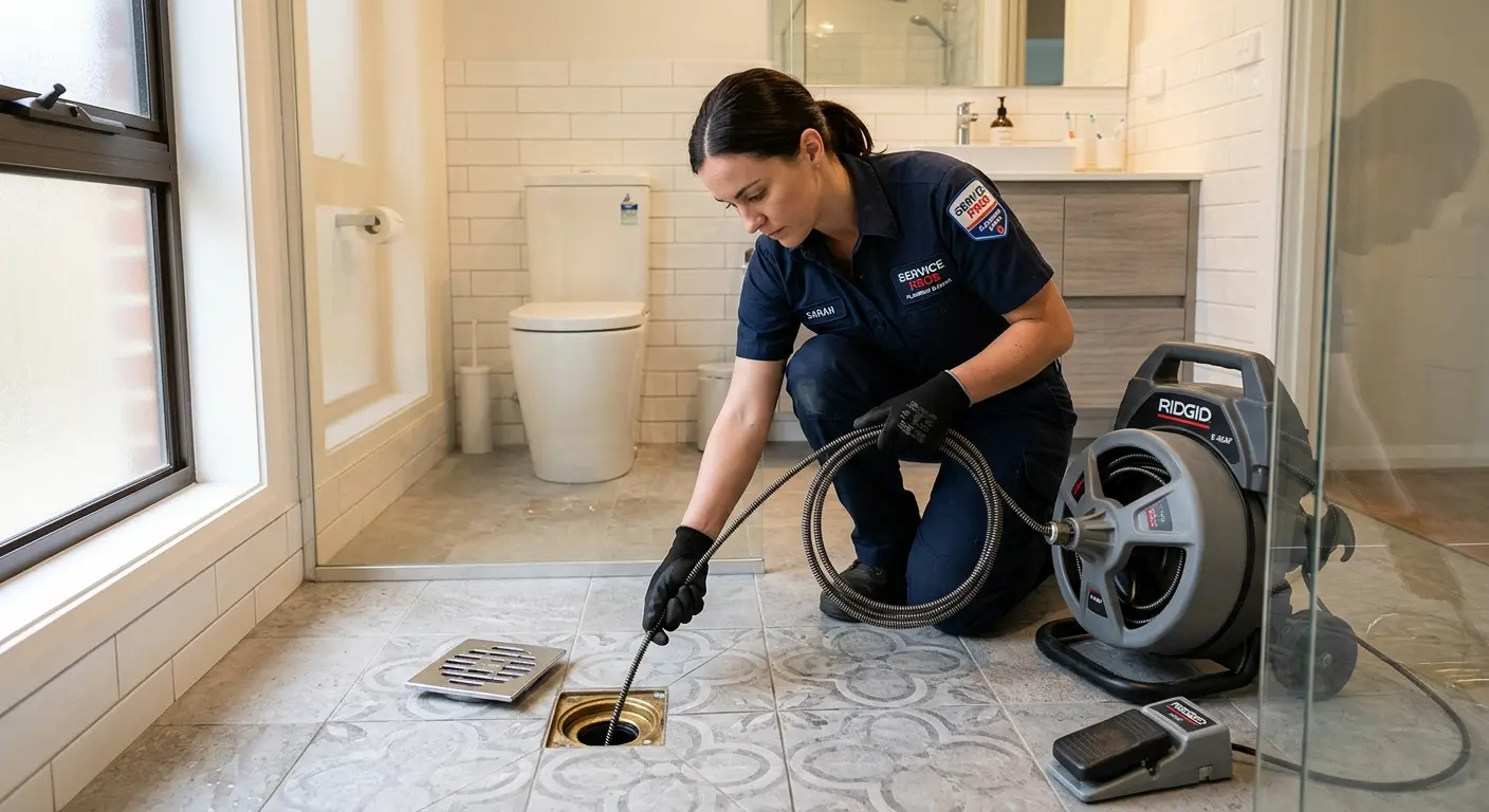 Technician clearing a bathroom floor drain for Hydro Jetting in Davenport